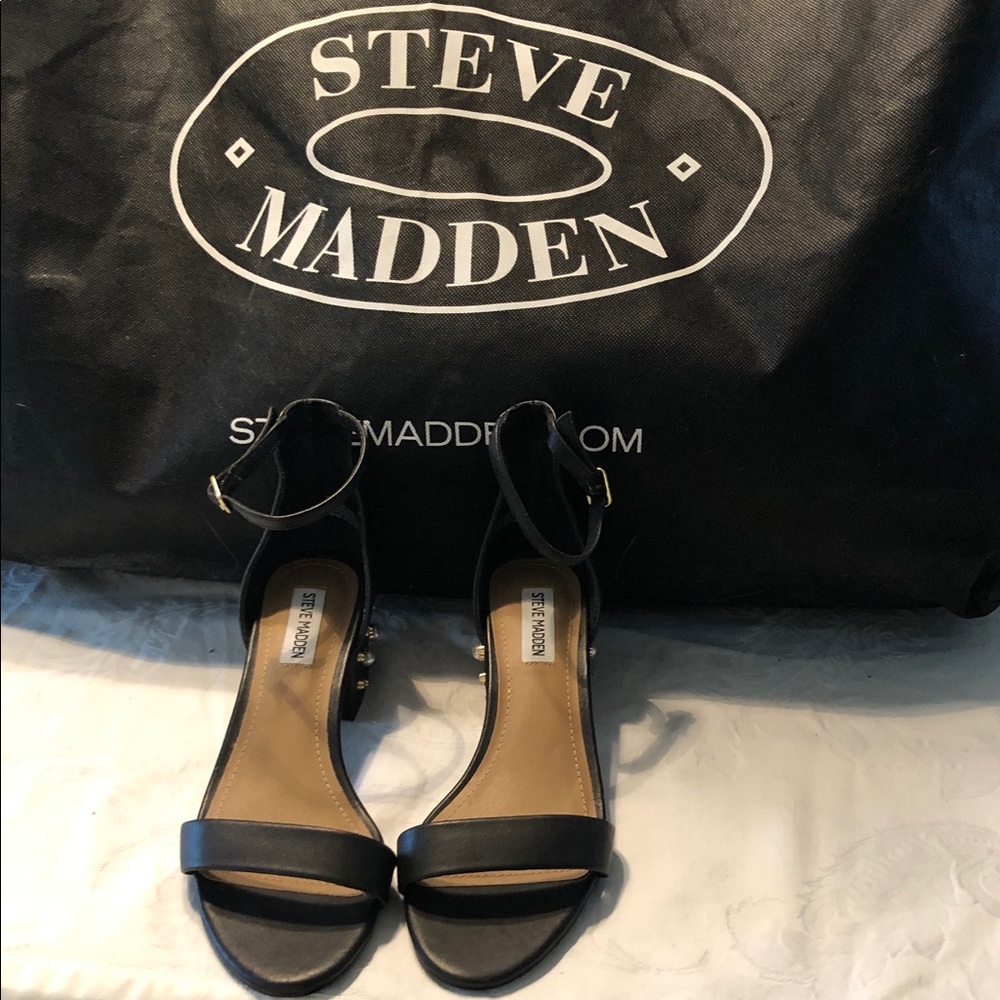 Steve Madden Black Ankle-Strap Block Heels with Stud Accents